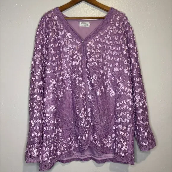 Vintage Lavender Ellim USA Women's Jacket Embroidered Beaded Long Sleeve Lace - Picture 4 of 11